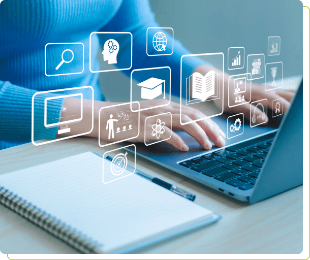 Person typing on laptop with digital icons.