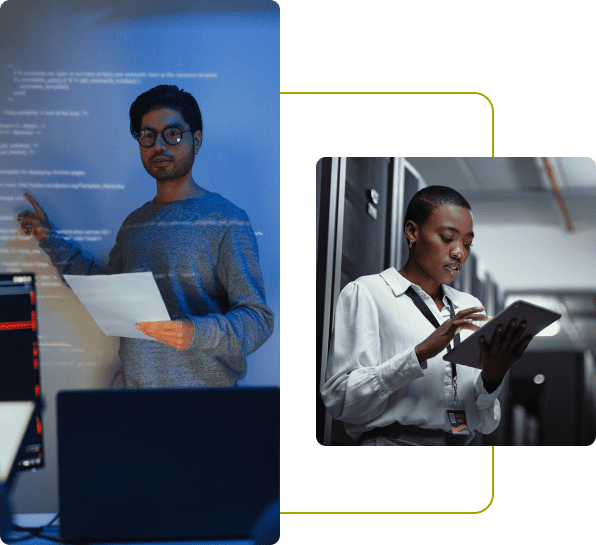 People working with computers and tablets.